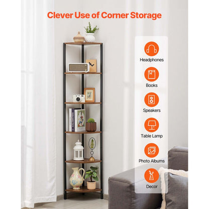 VEVOR 6 Tier Corner Shelf Tall Corner Stand with LED Light Narrow Display Rack