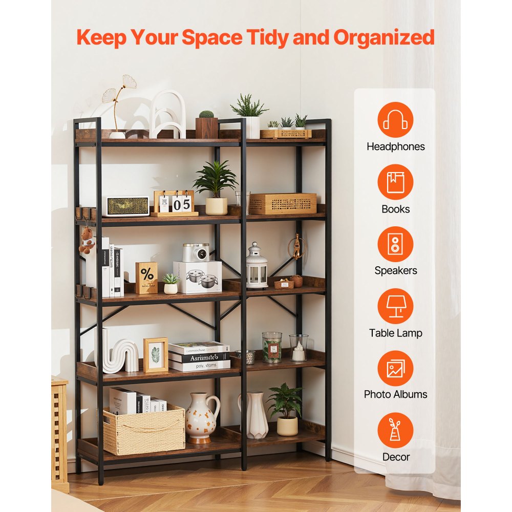 5 Tier Corner Bookshelf Tall Corner Bookcase with 4 Hooks L-Shaped Storage