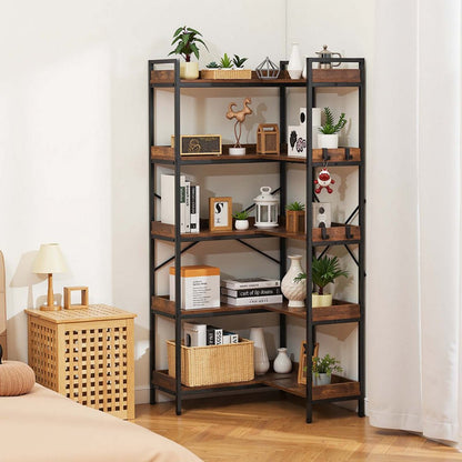5 Tier Corner Bookshelf Tall Corner Bookcase with 4 Hooks L-Shaped Storage