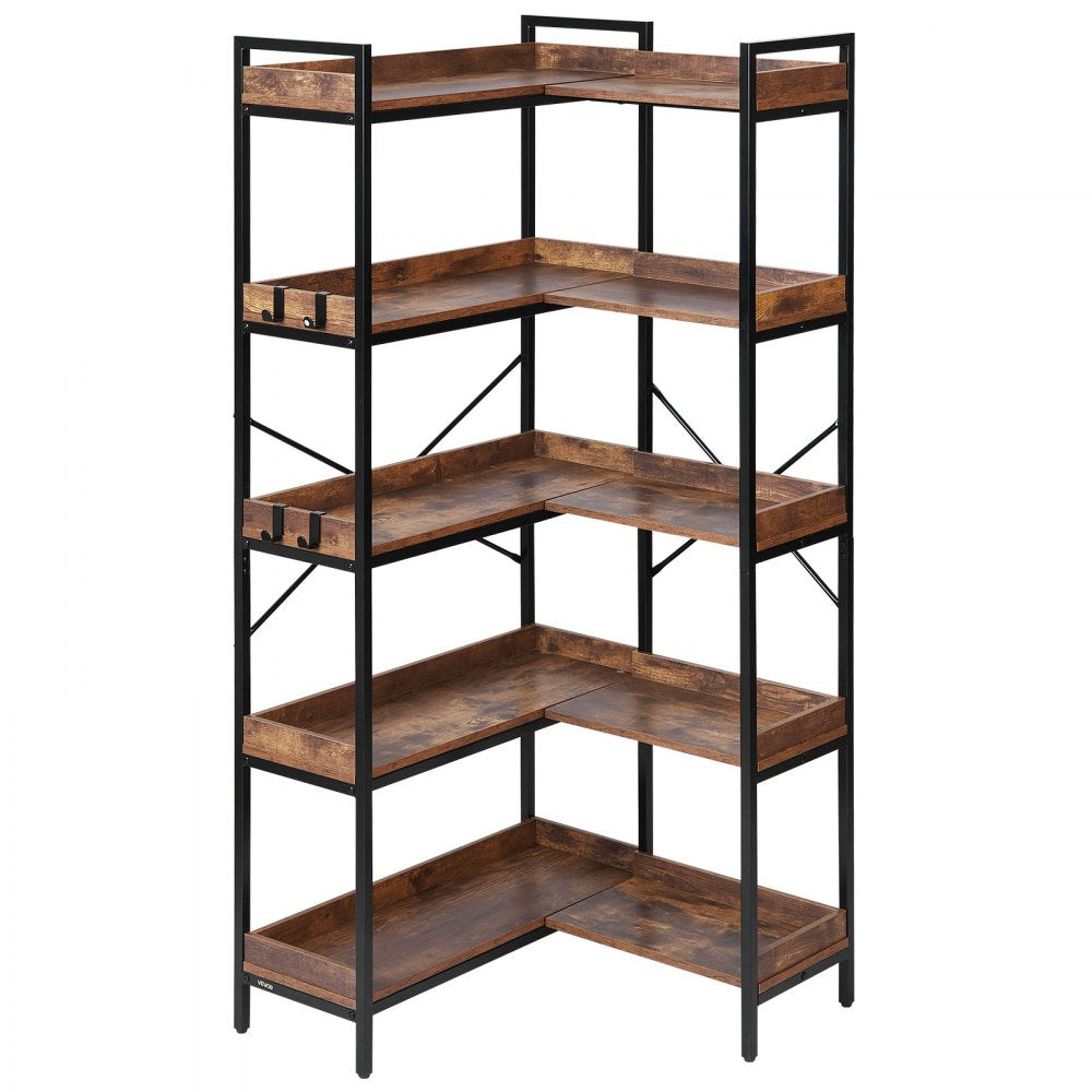 5 Tier Corner Bookshelf Tall Corner Bookcase with 4 Hooks L-Shaped Storage