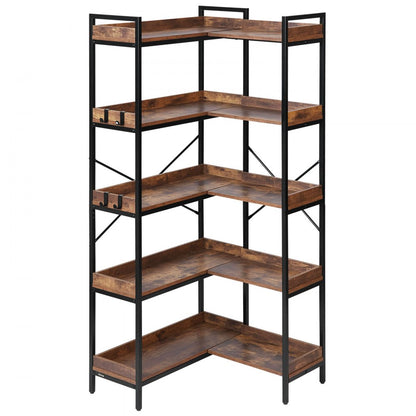 5 Tier Corner Bookshelf Tall Corner Bookcase with 4 Hooks L-Shaped Storage