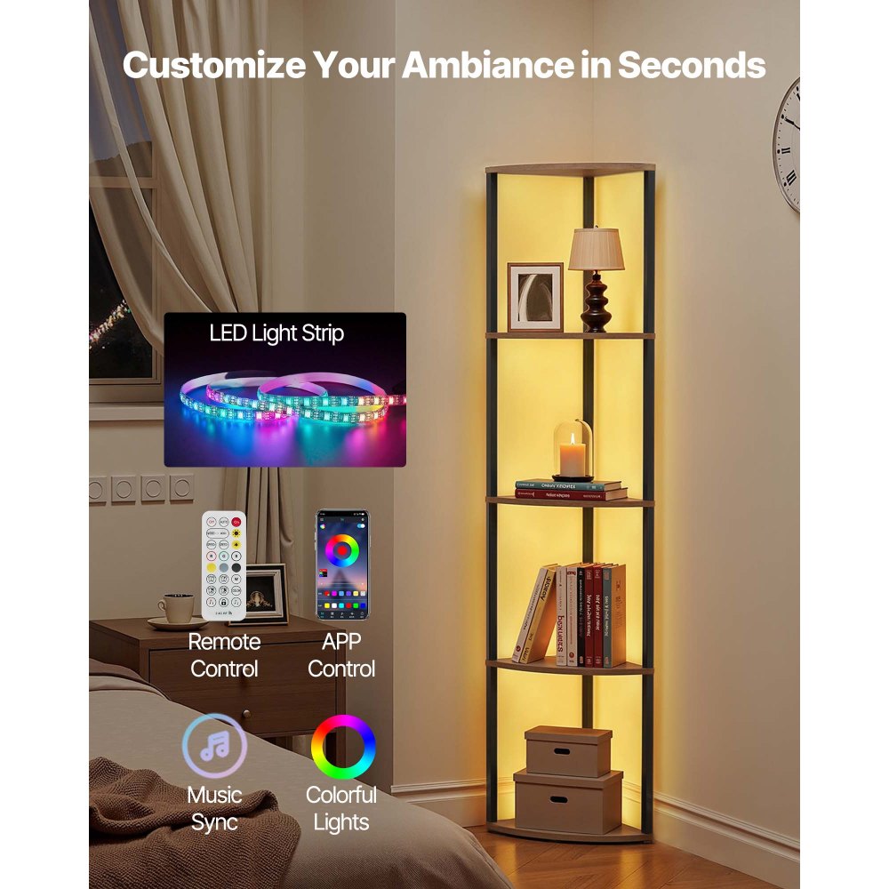 VEVOR 5 Tier Corner Shelf Tall Corner Stand with LED Light Narrow Display Rack
