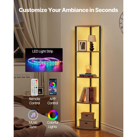 VEVOR 5 Tier Corner Shelf Tall Corner Stand with LED Light Narrow Display Rack