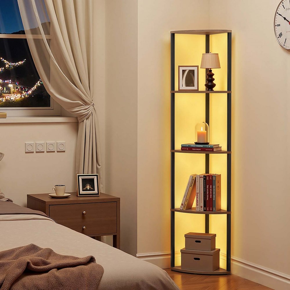 VEVOR 5 Tier Corner Shelf Tall Corner Stand with LED Light Narrow Display Rack