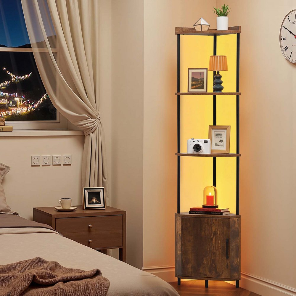 VEVOR 5 Tier Corner Shelf Tall Corner Stand with LED Light & Doors Narrow Rack