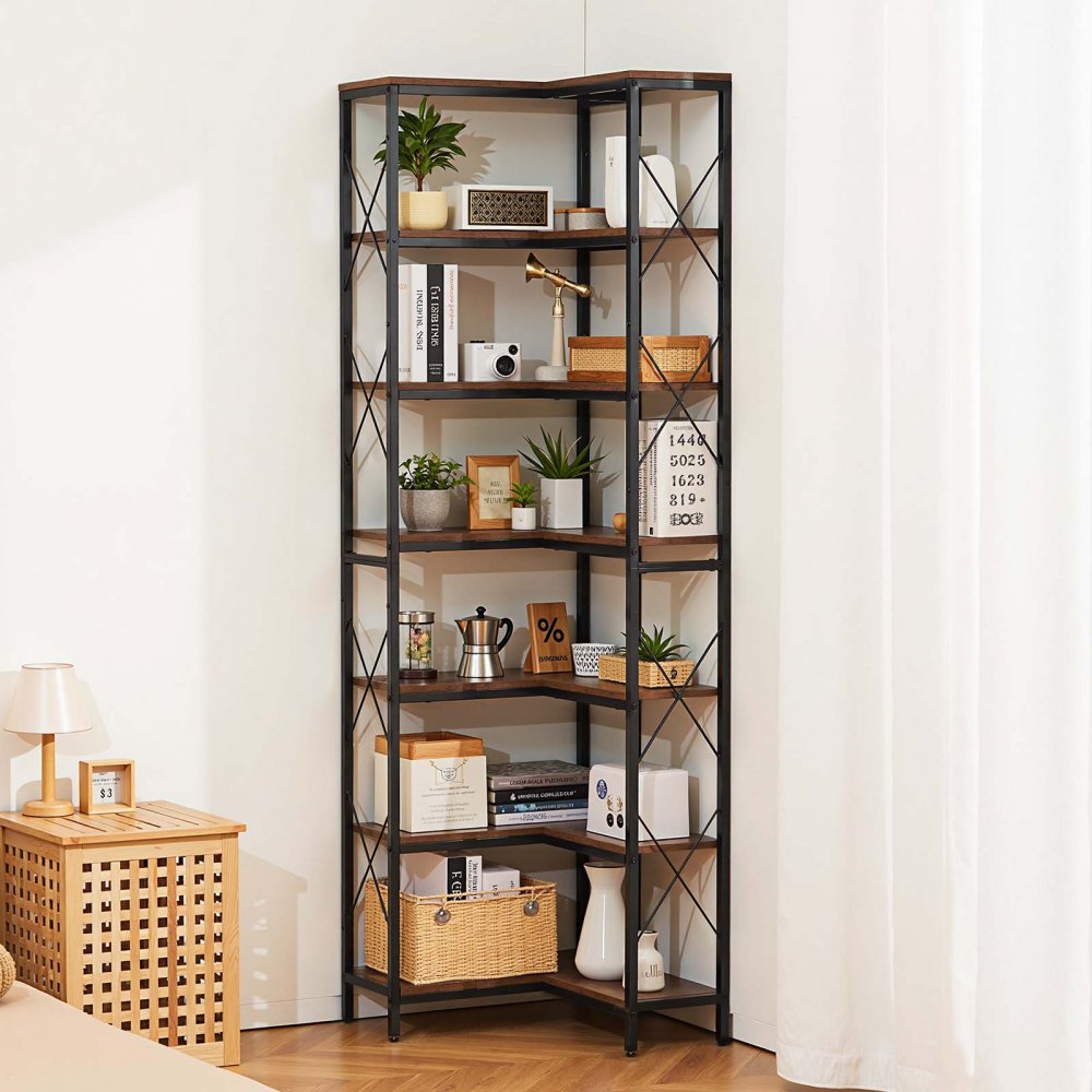 7 Tier Corner Bookshelf Tall Corner Bookcase Storage L-Shaped Organizer