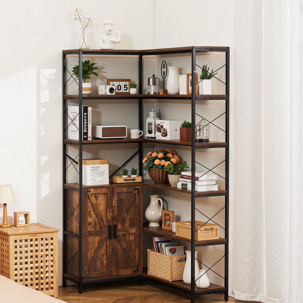 6 Tier Corner Bookshelf Tall Corner Bookcase with Doors L-Shaped Rack
