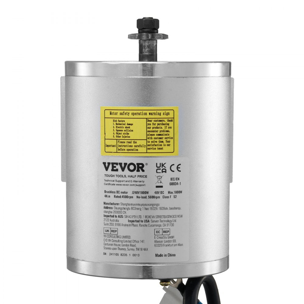 VEVOR 1800W Electric Brushless DC Motor Kit 48V 4500rpm Motor & Speed Controller