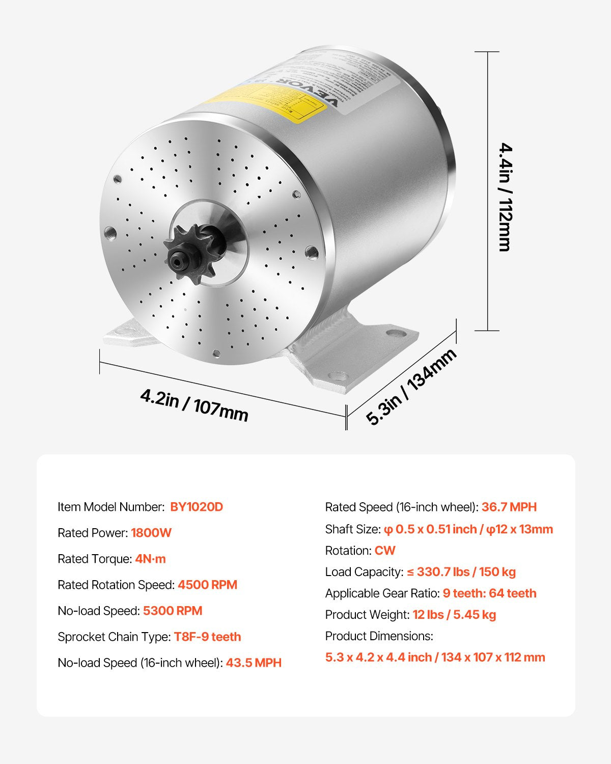 VEVOR 1800W Electric Brushless DC Motor Kit 48V 4500rpm with Upgraded Controller