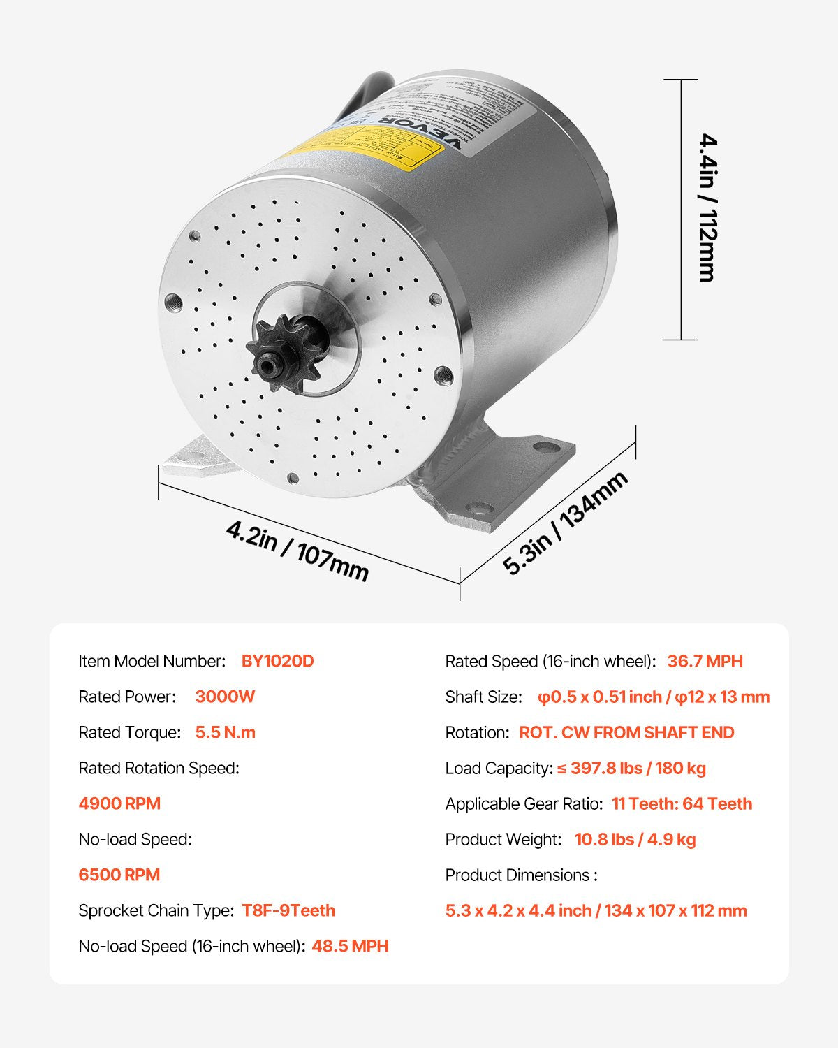 VEVOR 3000W Electric Brushless DC Motor 72V 4900rpm Motor for E-Bike Dirt Bike