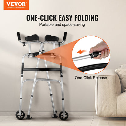 2-in-1 Adjustable Folding Walker with Armrest Pads & 0.13 m Solid Wheels