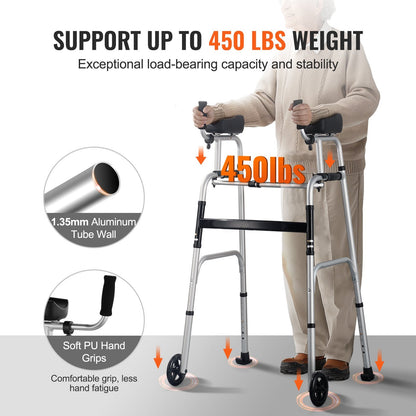 2-in-1 Adjustable Folding Walker with Armrest Pads & 0.13 m Solid Wheels