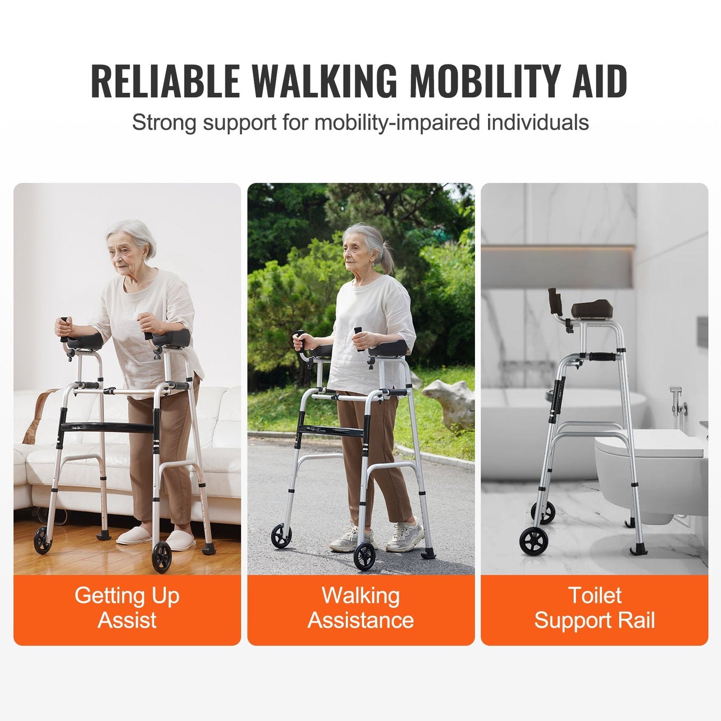 2-in-1 Adjustable Folding Walker with Armrest Pads & 0.13 m Solid Wheels