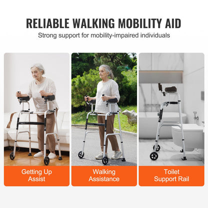2-in-1 Adjustable Folding Walker with Armrest Pads & 0.13 m Solid Wheels