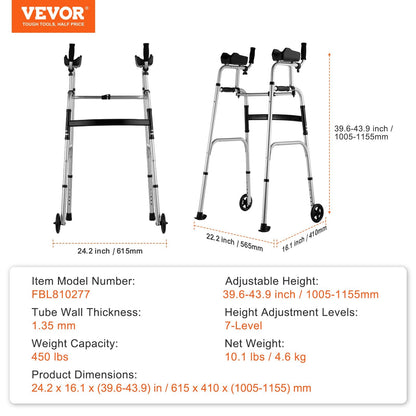 2-in-1 Adjustable Folding Walker with Armrest Pads & 0.13 m Solid Wheels