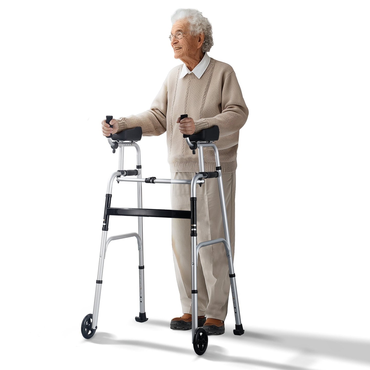 2-in-1 Adjustable Folding Walker with Armrest Pads & 0.13 m Solid Wheels