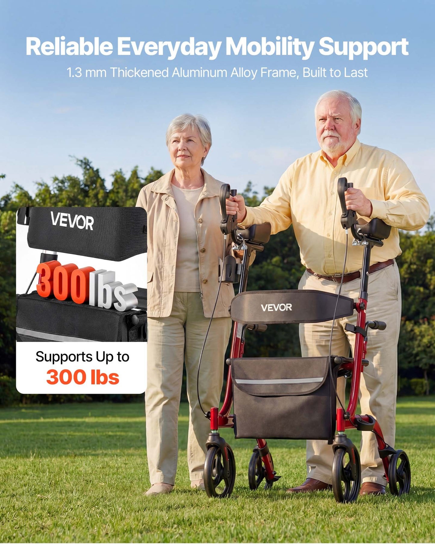 Rollator Walker with Seat for Seniors, Foldable Rolling Walker, Lightweight Aluminum Mobility Walking Aid with PVC Solid Wheels, Adjustable Handle, Storage Bag, Cup/Cane Holder - Supports 136kg