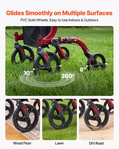 Rollator Walker with Seat for Seniors, Foldable Rolling Walker, Lightweight Aluminum Mobility Walking Aid with PVC Solid Wheels, Adjustable Handle, Storage Bag, Cup/Cane Holder - Supports 136kg
