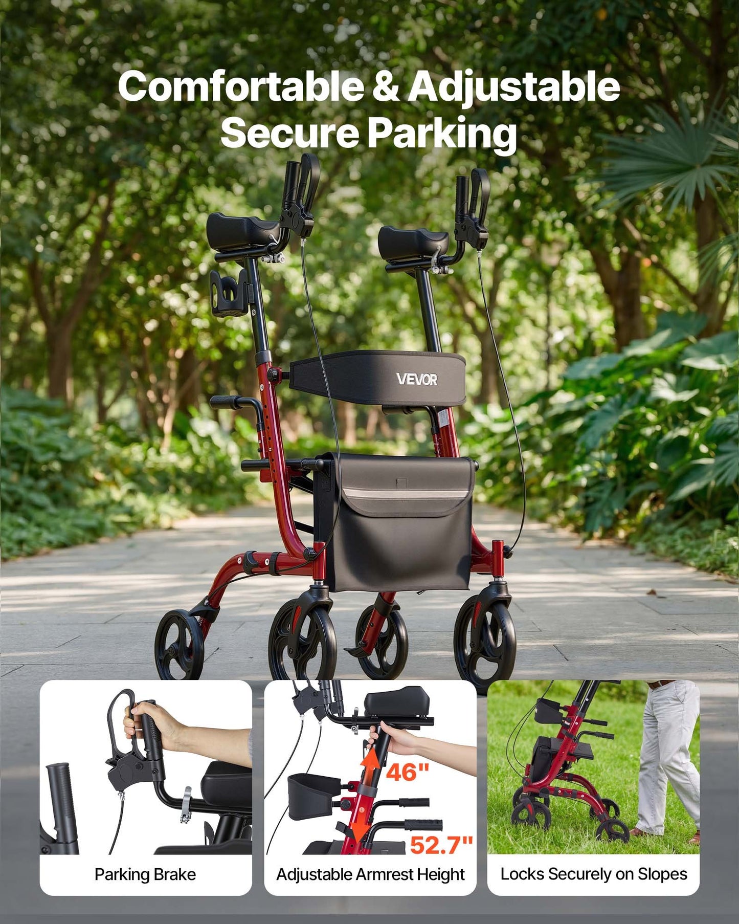 Rollator Walker with Seat for Seniors, Foldable Rolling Walker, Lightweight Aluminum Mobility Walking Aid with PVC Solid Wheels, Adjustable Handle, Storage Bag, Cup/Cane Holder - Supports 136kg