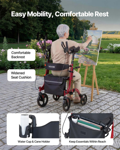 Rollator Walker with Seat for Seniors, Foldable Rolling Walker, Lightweight Aluminum Mobility Walking Aid with PVC Solid Wheels, Adjustable Handle, Storage Bag, Cup/Cane Holder - Supports 136kg