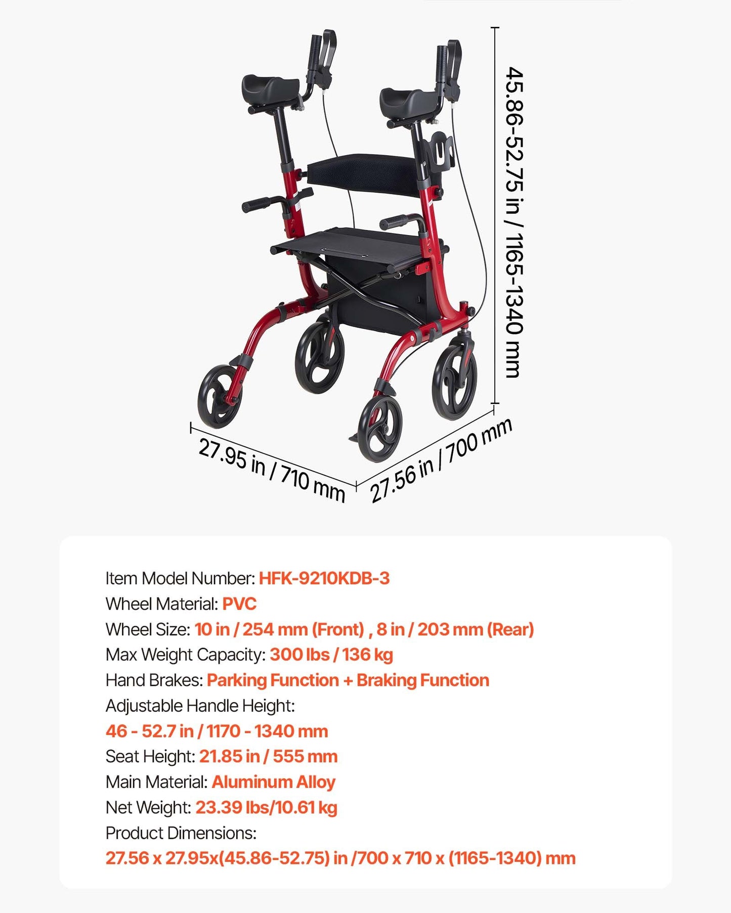 Rollator Walker with Seat for Seniors, Foldable Rolling Walker, Lightweight Aluminum Mobility Walking Aid with PVC Solid Wheels, Adjustable Handle, Storage Bag, Cup/Cane Holder - Supports 136kg