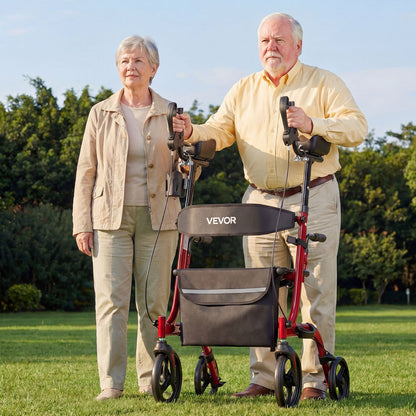 Rollator Walker with Seat for Seniors, Foldable Rolling Walker, Lightweight Aluminum Mobility Walking Aid with PVC Solid Wheels, Adjustable Handle, Storage Bag, Cup/Cane Holder - Supports 136kg