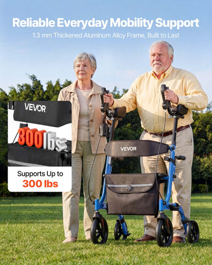 Rollator Walker with Seat for Seniors, Foldable Rolling Walker, Lightweight Aluminum Mobility Walking Aid with PU Solid Wheels, Adjustable Handle, Storage Bag, Cup/Cane Holder - Supports 136kg