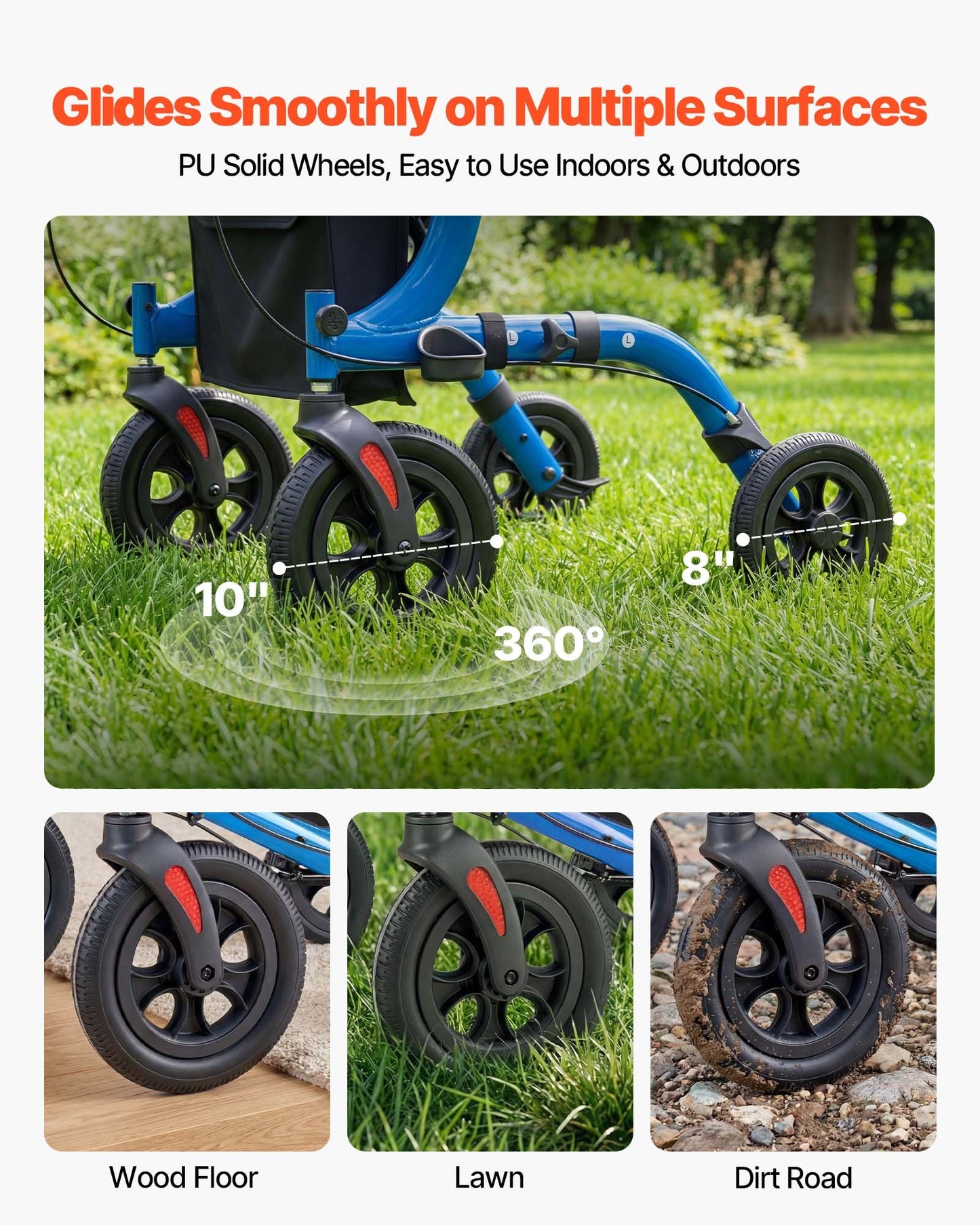Rollator Walker with Seat for Seniors, Foldable Rolling Walker, Lightweight Aluminum Mobility Walking Aid with PU Solid Wheels, Adjustable Handle, Storage Bag, Cup/Cane Holder - Supports 136kg