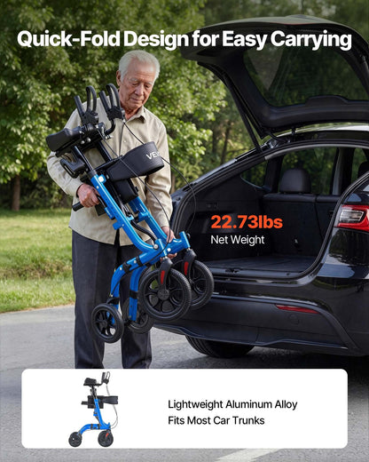 Rollator Walker with Seat for Seniors, Foldable Rolling Walker, Lightweight Aluminum Mobility Walking Aid with PU Solid Wheels, Adjustable Handle, Storage Bag, Cup/Cane Holder - Supports 136kg