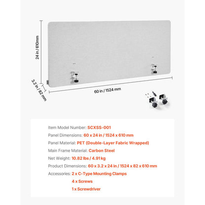 Desk Privacy Panel 1524 x 610 mm Clamp-on Office Cubicle Divider Partition
