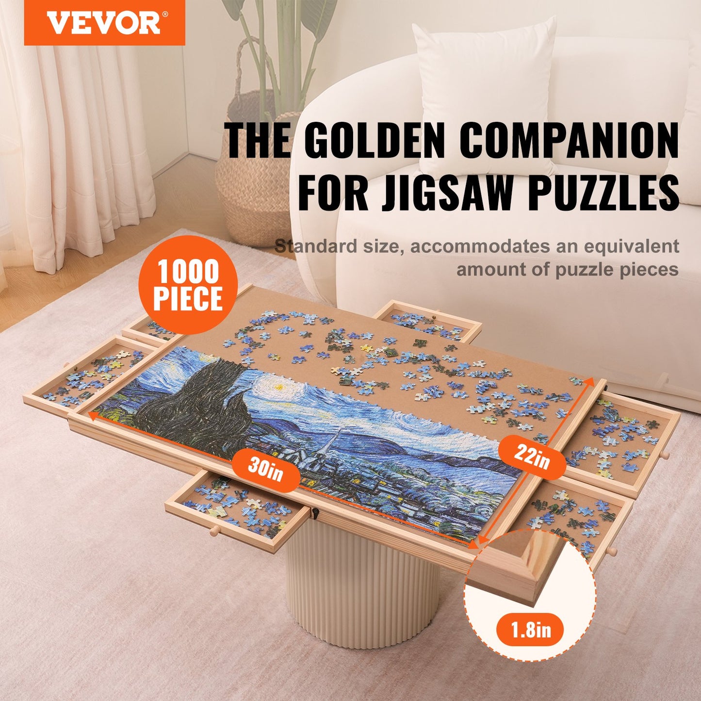 VEVOR 1000 Piece Puzzle Board with 6 Drawers and Cover, Rotating Wooden Jigsaw Puzzle