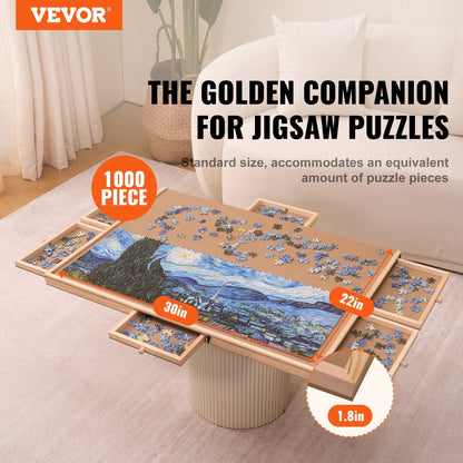 Rotating Wooden Puzzle Board with 6 Drawers and Cover, 1000 Piece Capacity