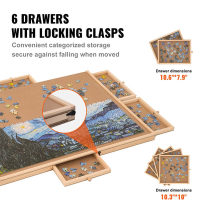 Rotating Wooden Puzzle Board with 6 Drawers and Cover, 1000 Piece Capacity