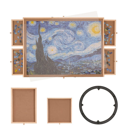 Rotating Wooden Puzzle Board with 6 Drawers and Cover, 1000 Piece Capacity