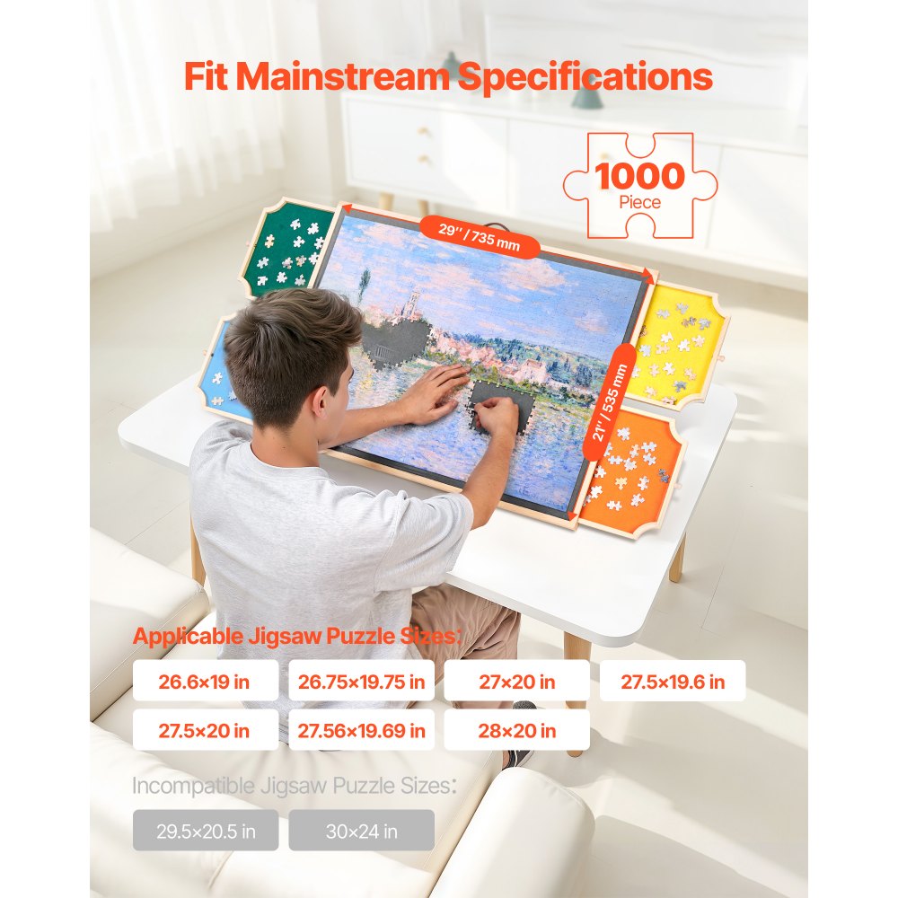 VEVOR 1000 Piece Puzzle Board with Drawer Cover Portable Wooden Jigsaw 73x53cm