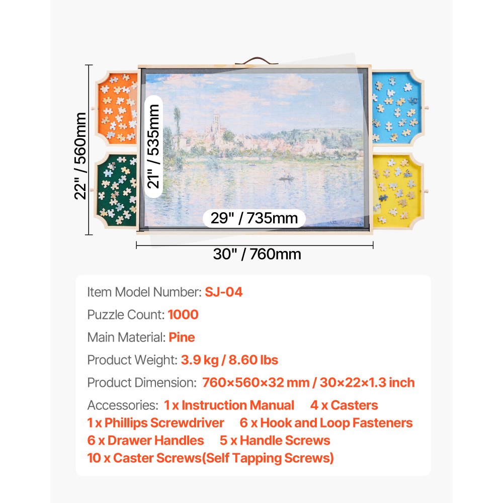 VEVOR 1000 Piece Puzzle Board with Drawer Cover Portable Wooden Jigsaw 73x53cm