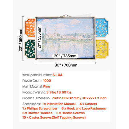 VEVOR 1000 Piece Puzzle Board with Drawer Cover Portable Wooden Jigsaw 73x53cm