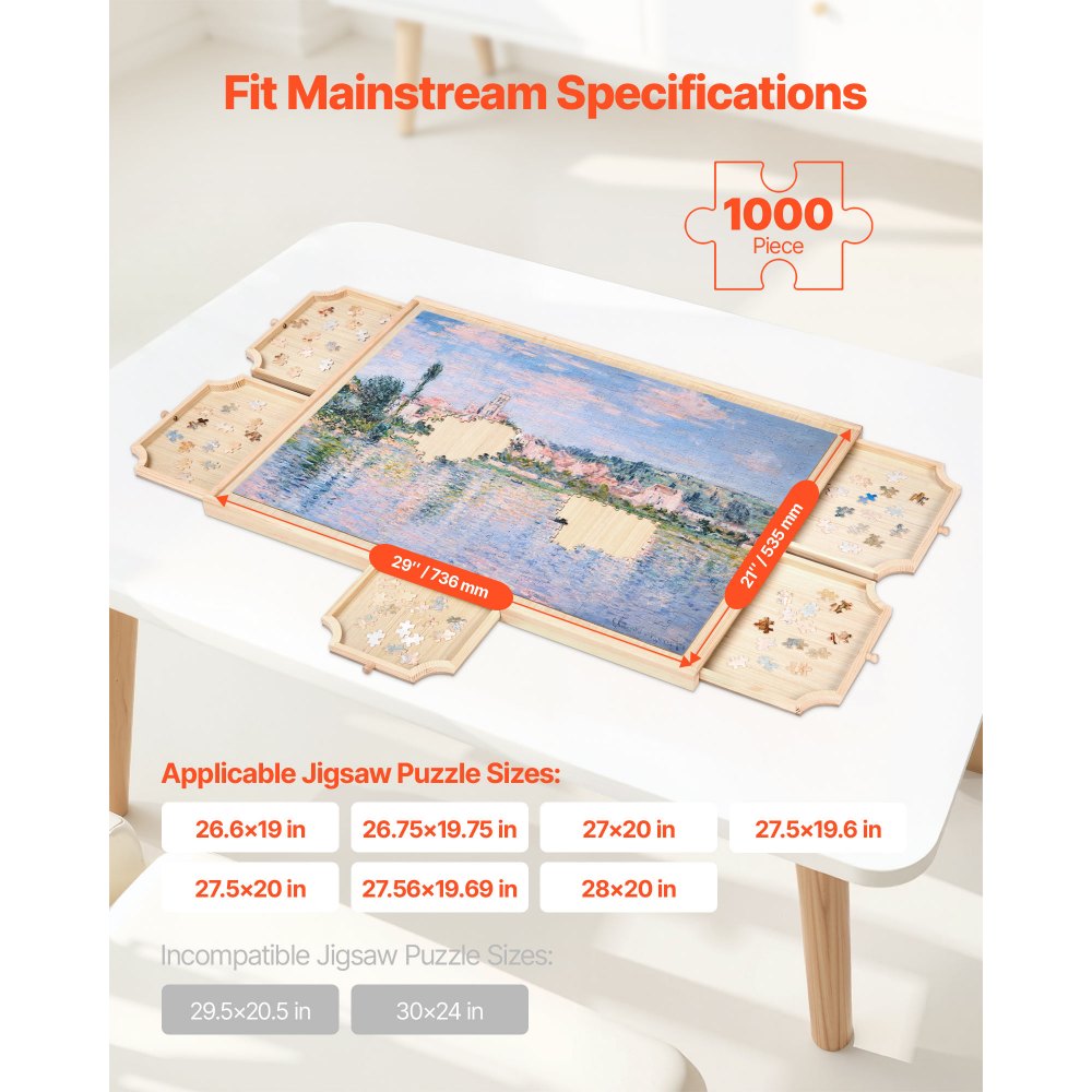VEVOR 1000 Piece Puzzle Board with Drawer Cover Portable Wooden Jigsaw 74x53cm