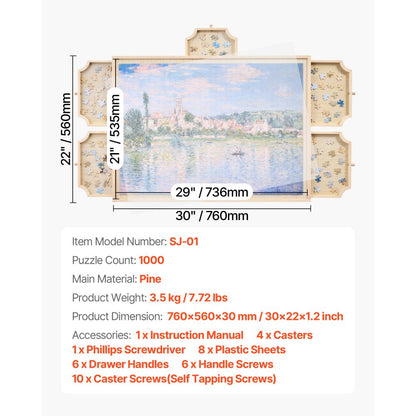 VEVOR 1000 Piece Puzzle Board with Drawer Cover Portable Wooden Jigsaw 74x53cm