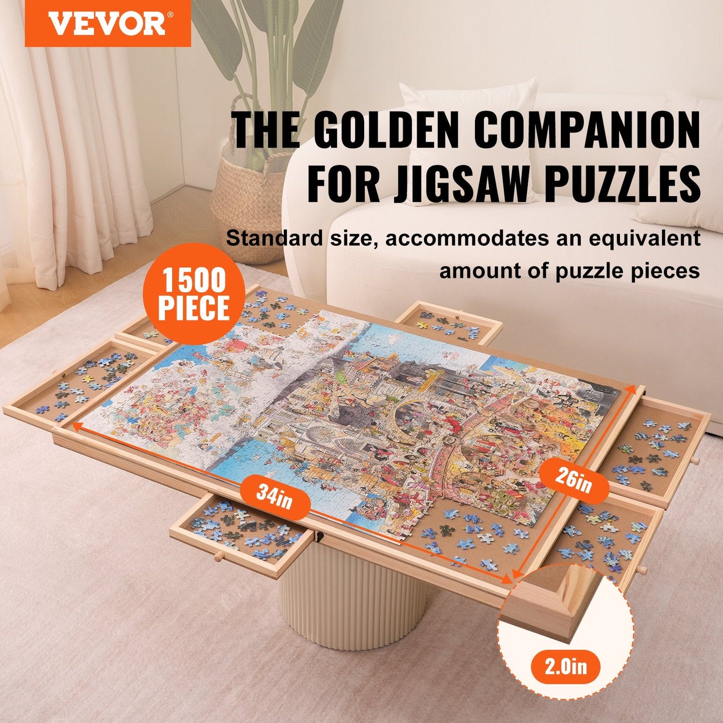 Rotating Wooden Jigsaw Puzzle Board with 6 Drawers and Cover, 1500-Piece Capacity