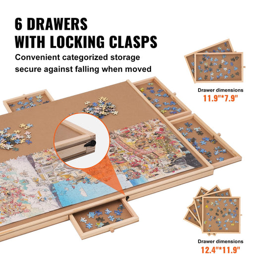 Rotating Wooden Jigsaw Puzzle Board with 6 Drawers and Cover, 1500-Piece Capacity