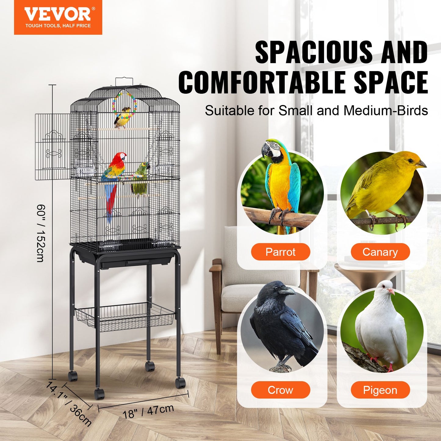 VEVOR 60 inch Flight Bird Cage Metal Large Parakeet Cages for Cockatiels Parrot