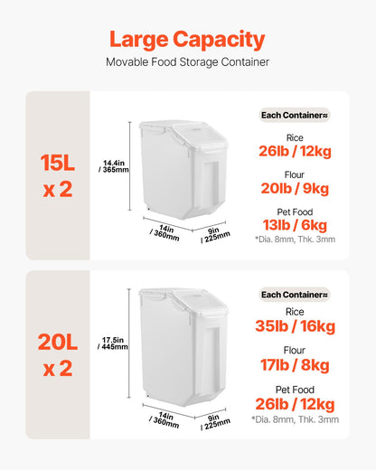 VEVOR 15Lx2 + 20Lx2 Ingredient Storage Container Airtight Kitchen Flour Bin