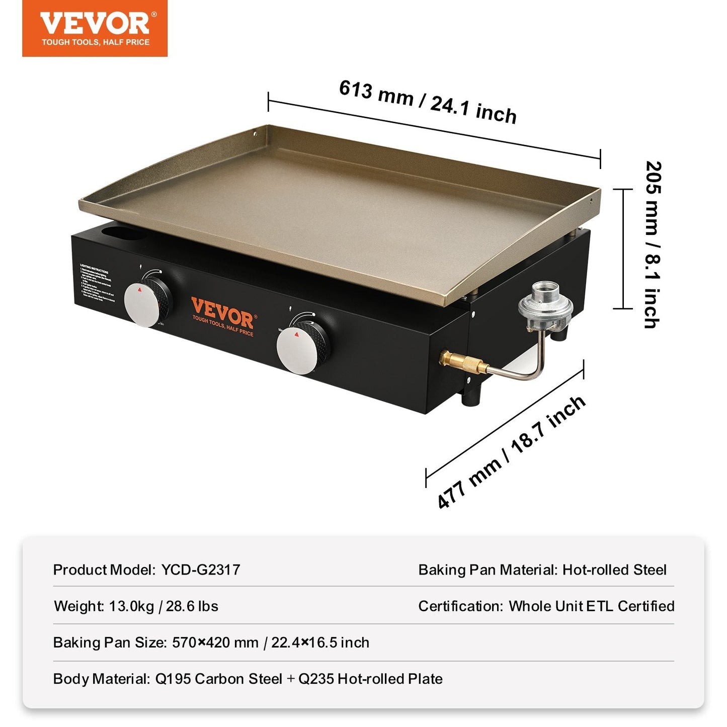 Commercial Gas Griddle with H-shaped Burner, 13 kg, for Restaurants