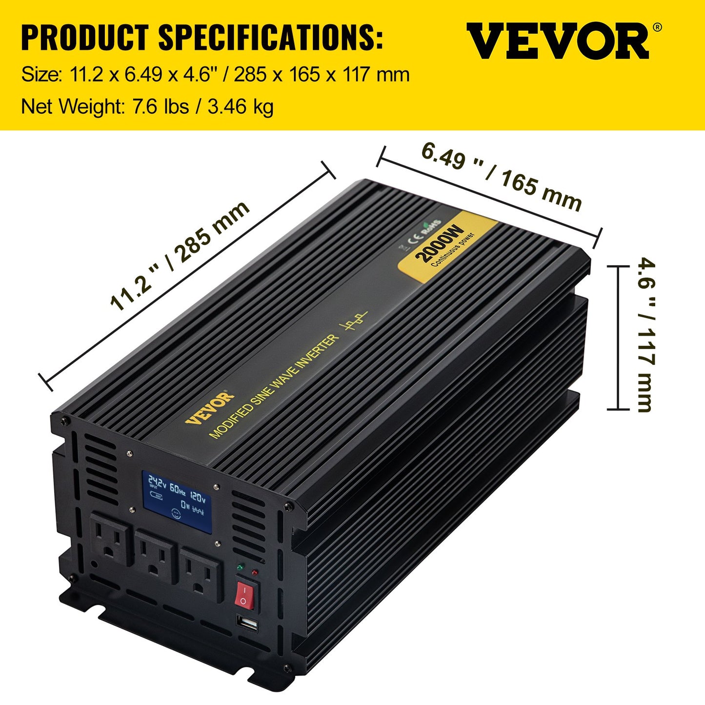 VEVOR Power Inverter Modified Sine Wave Inverter 2000W DC 12V to AC 120V w/LCD