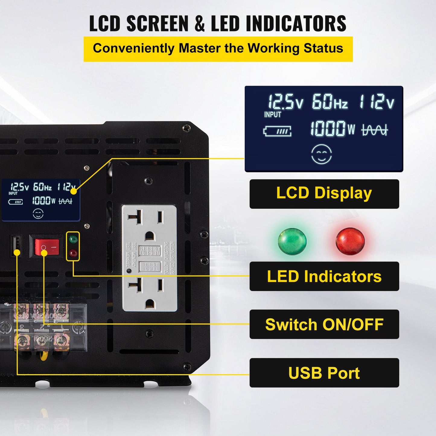 Energy Converter, 5000W Modified Wave Transformer, 12V DC to 110V AC Vehicle Adapter, featuring LCD Screen, Remote Control, LED Light, and GFCI Sockets for RVs, Trucks, Boats, and Outdoor Adv