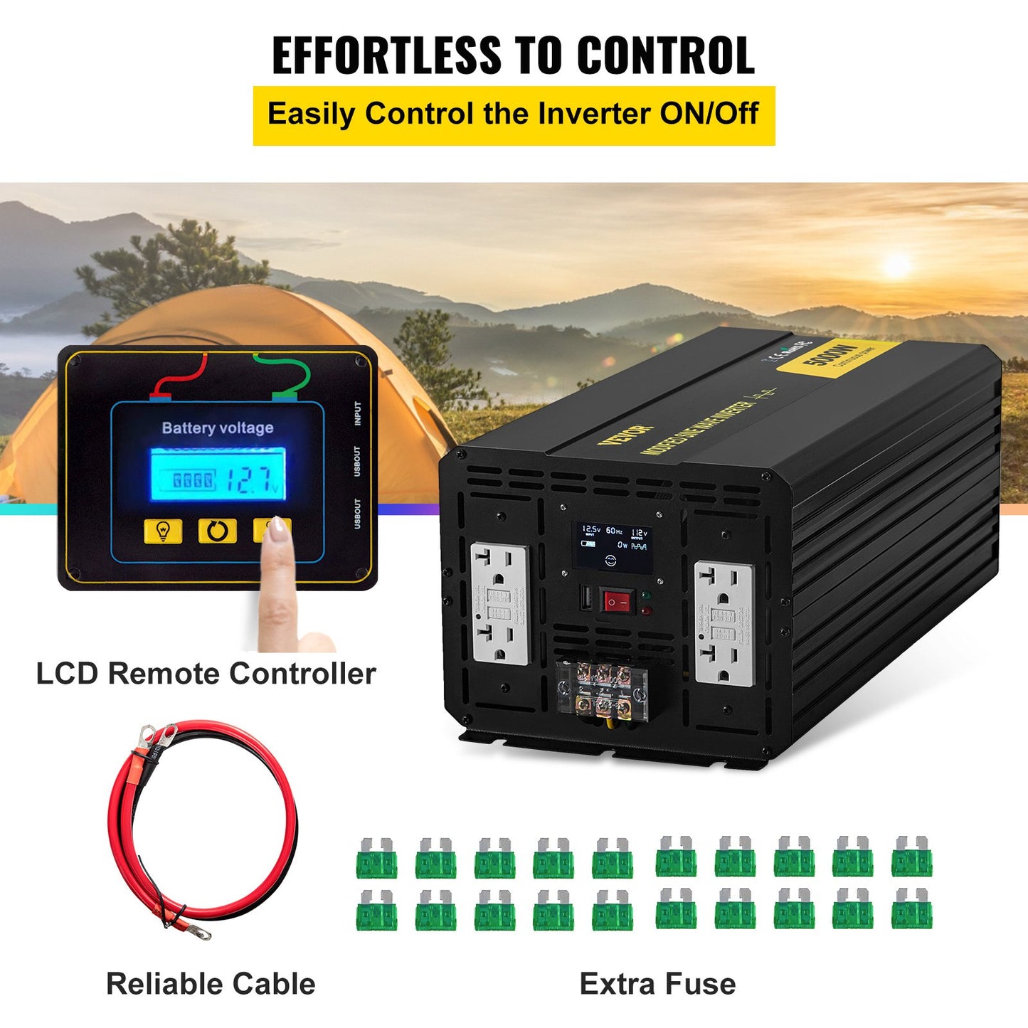 Energy Converter, 5000W Modified Wave Transformer, 12V DC to 110V AC Vehicle Adapter, featuring LCD Screen, Remote Control, LED Light, and GFCI Sockets for RVs, Trucks, Boats, and Outdoor Adv