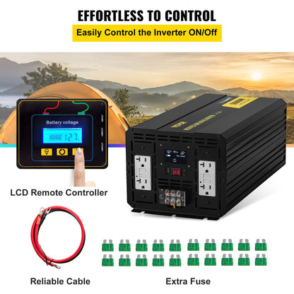 Energy Converter, 5000W Modified Wave Transformer, 12V DC to 110V AC Vehicle Adapter, featuring LCD Screen, Remote Control, LED Light, and GFCI Sockets for RVs, Trucks, Boats, and Outdoor Adv