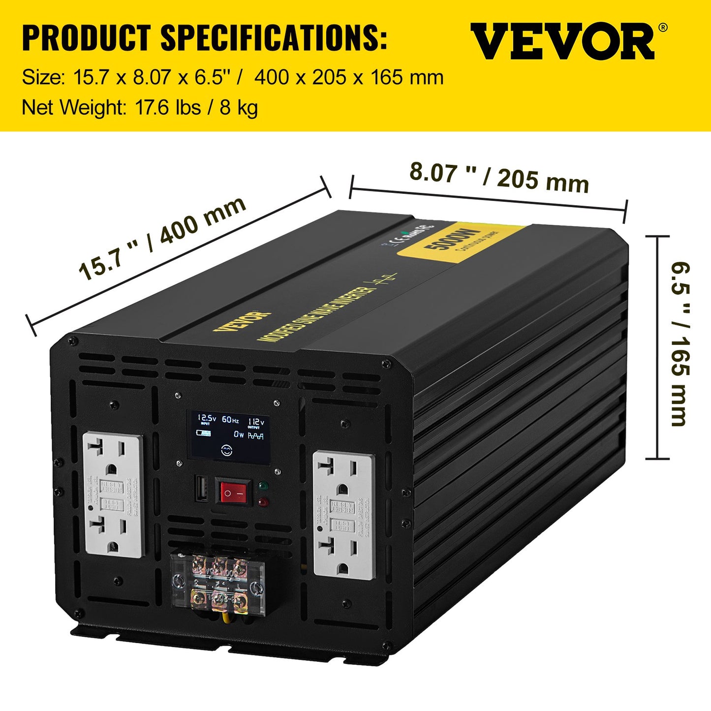 Energy Converter, 5000W Modified Wave Transformer, 12V DC to 110V AC Vehicle Adapter, featuring LCD Screen, Remote Control, LED Light, and GFCI Sockets for RVs, Trucks, Boats, and Outdoor Adv