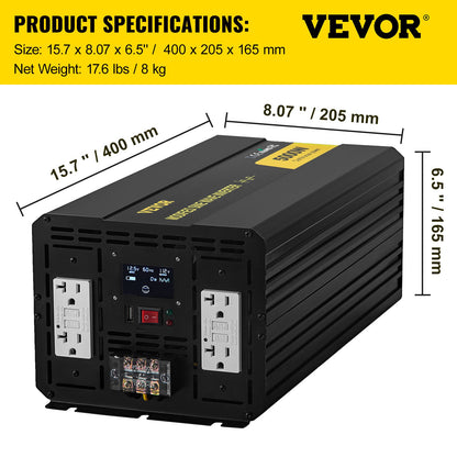 Energy Converter, 5000W Modified Wave Transformer, 12V DC to 110V AC Vehicle Adapter, featuring LCD Screen, Remote Control, LED Light, and GFCI Sockets for RVs, Trucks, Boats, and Outdoor Adv